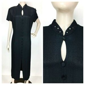 Vintage Black Rhinestone Soutache Keyhole Split Neck Wiggle Button-Down Dress